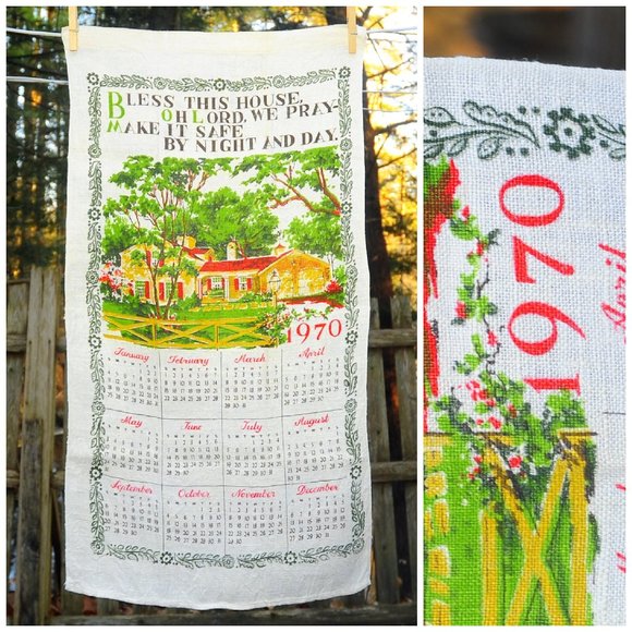 VTG 1970 'Bless This House' Calendar Towel Country House in Summer Housewarming